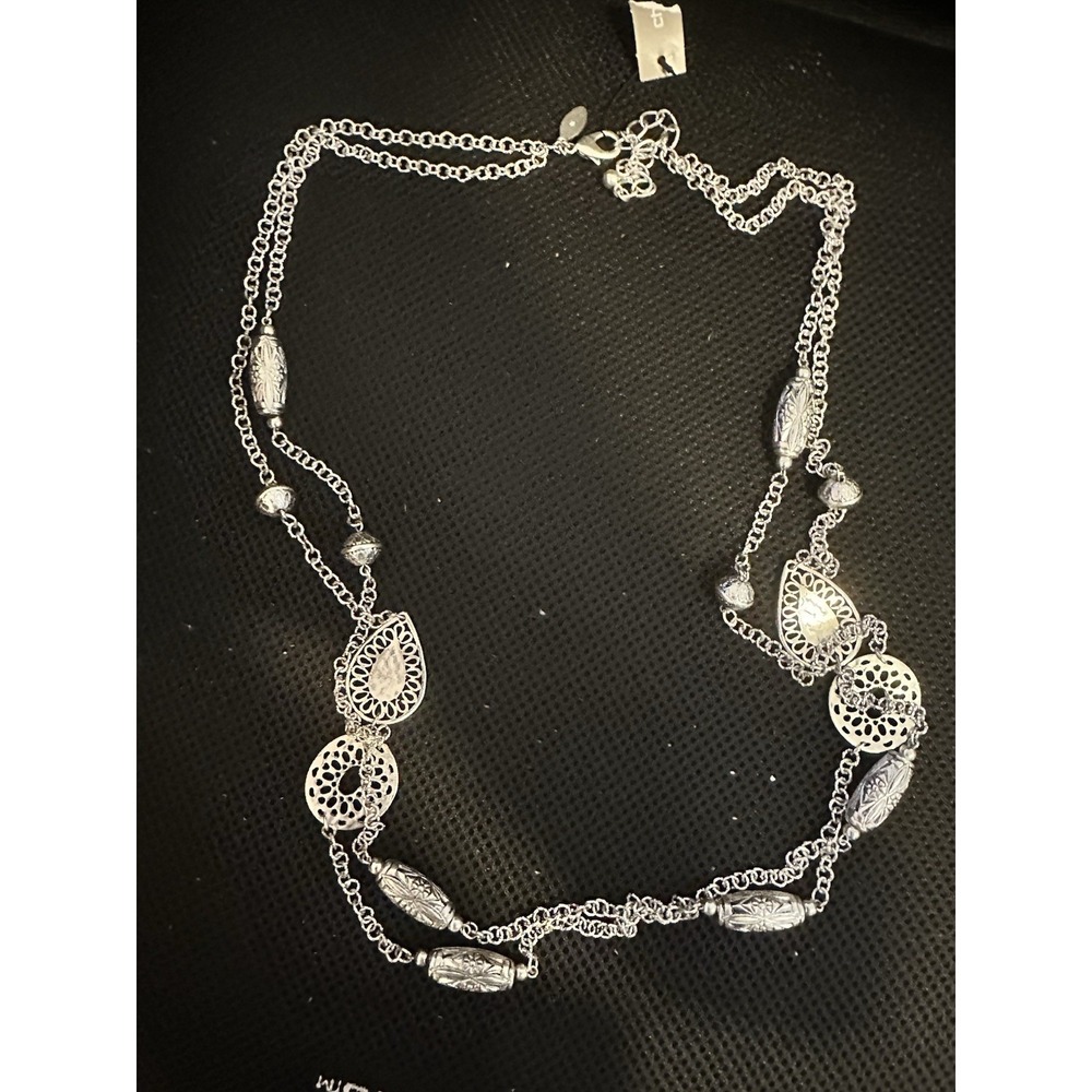 Chico's‎ Silver Long Filigree Teardrop Necklace Statement Boho Layered Chain